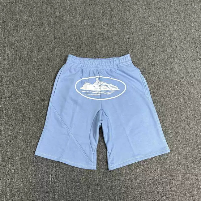 Corteiz Alcatraz Island Graphic Heavyweight Shorts Light Blue Hover Image