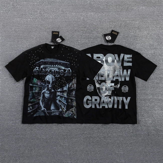 GLAZA GOD Men's Cyberpunk Graphic Oversized T-Shirt – Futuristic Streetwear Double-Sided Print Casual Tee Hover Image