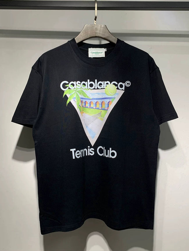 Casablanca Tennis Club Triangle Palm Scenic Graphic Black Short Sleeve T-Shirt Unisex Hover Image