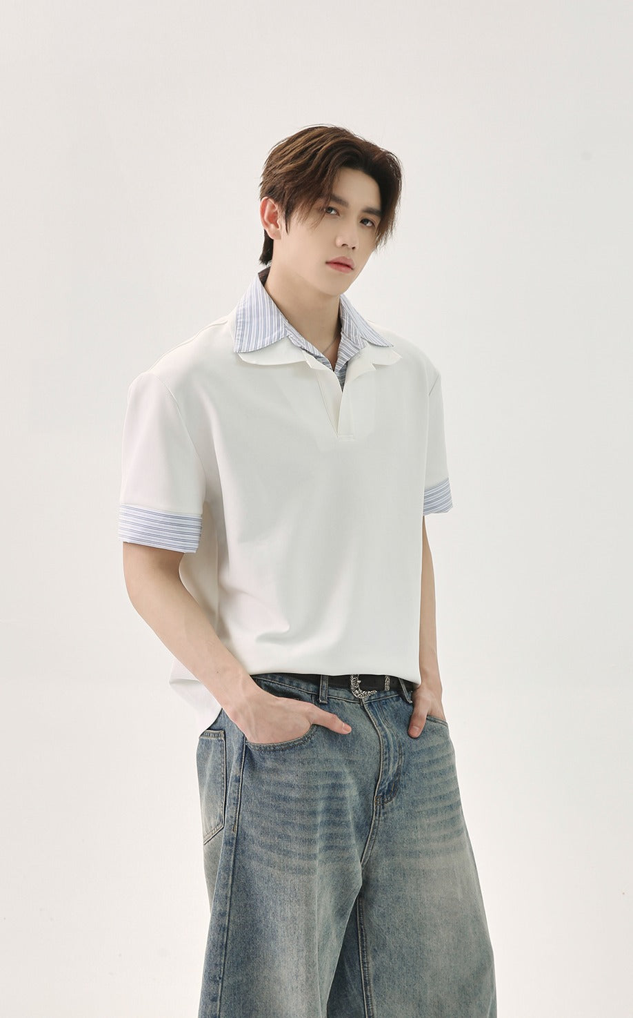 Patchwork Striped Loose Polo Pullover