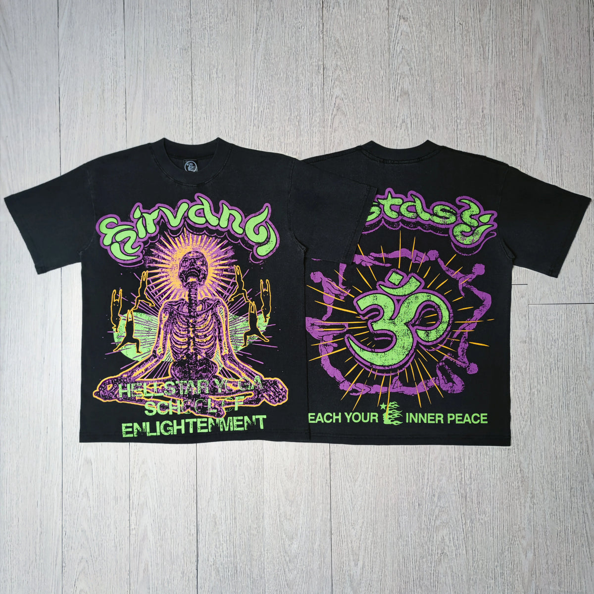 HELLSTAR Yoga School Of Enlightenment Om Symbol Vintage Washed Short Sleeve Tee Black Streetwear T‑Shirt