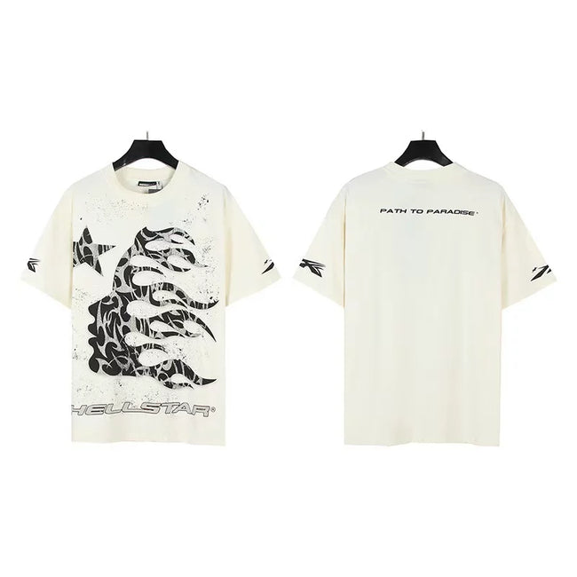 HELLSTAR Path To Paradise Abstract Face Star Double‑Sided Vintage Washed Short Sleeve Tee White Streetwear T‑Shirt Hover Image