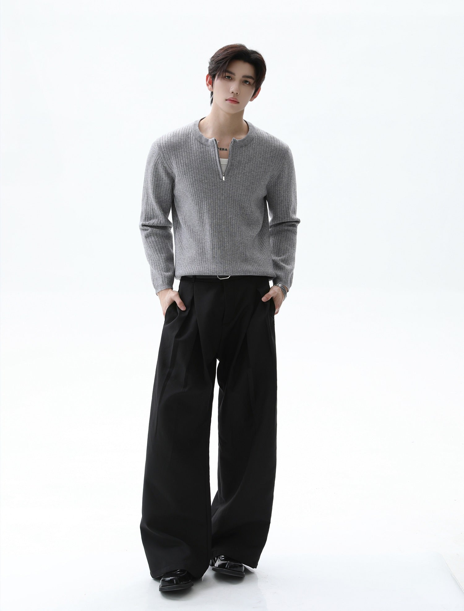 Half-Zip Ribbed Knit Stand Collar Sweater