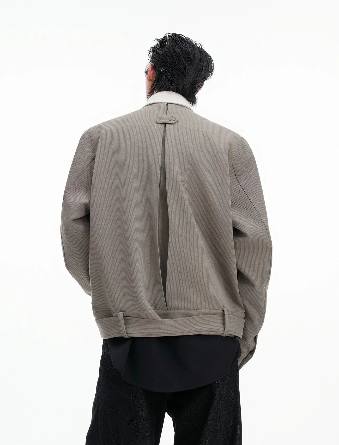 Oblique Button Pointed Collar Belted Shirt