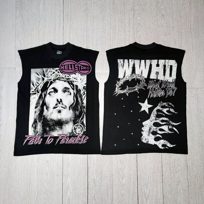 HELLSTAR Path To Paradise WWHD Vintage Cut‑Off Sleeveless Tank Top Black Streetwear Vest Hover Image
