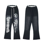 Hellstar flare black pants Niche wash water splicing hooded sweatshirt suit trousers flared pants (36)