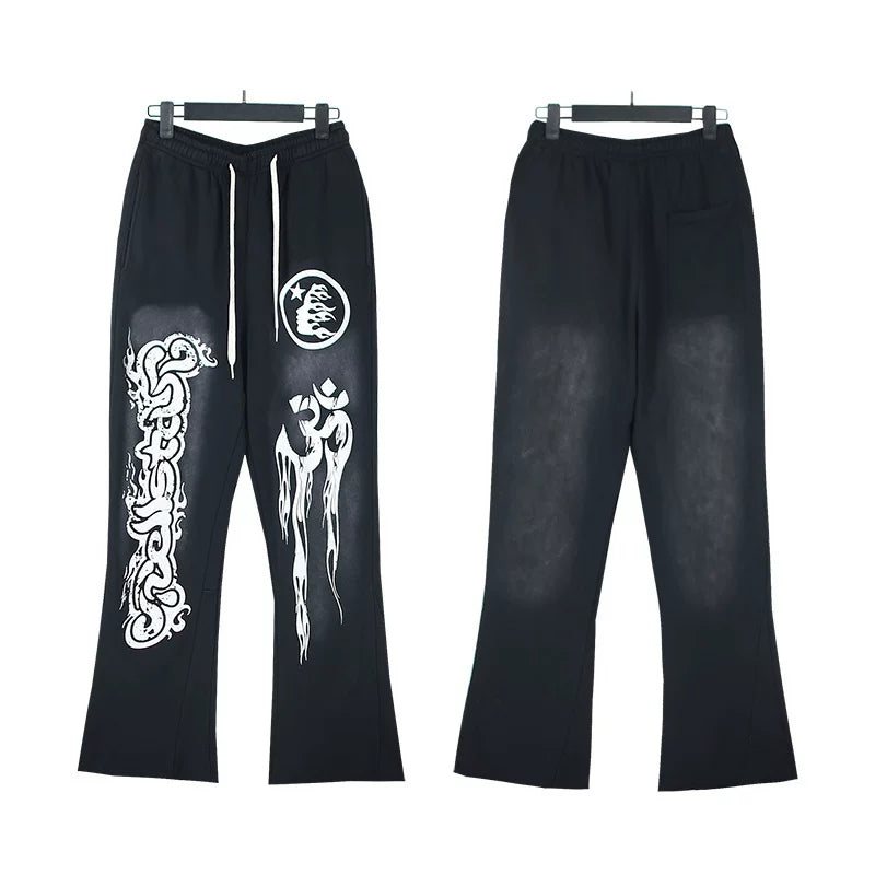 Hellstar flare black pants Niche wash water splicing hooded sweatshirt suit trousers flared pants (36)