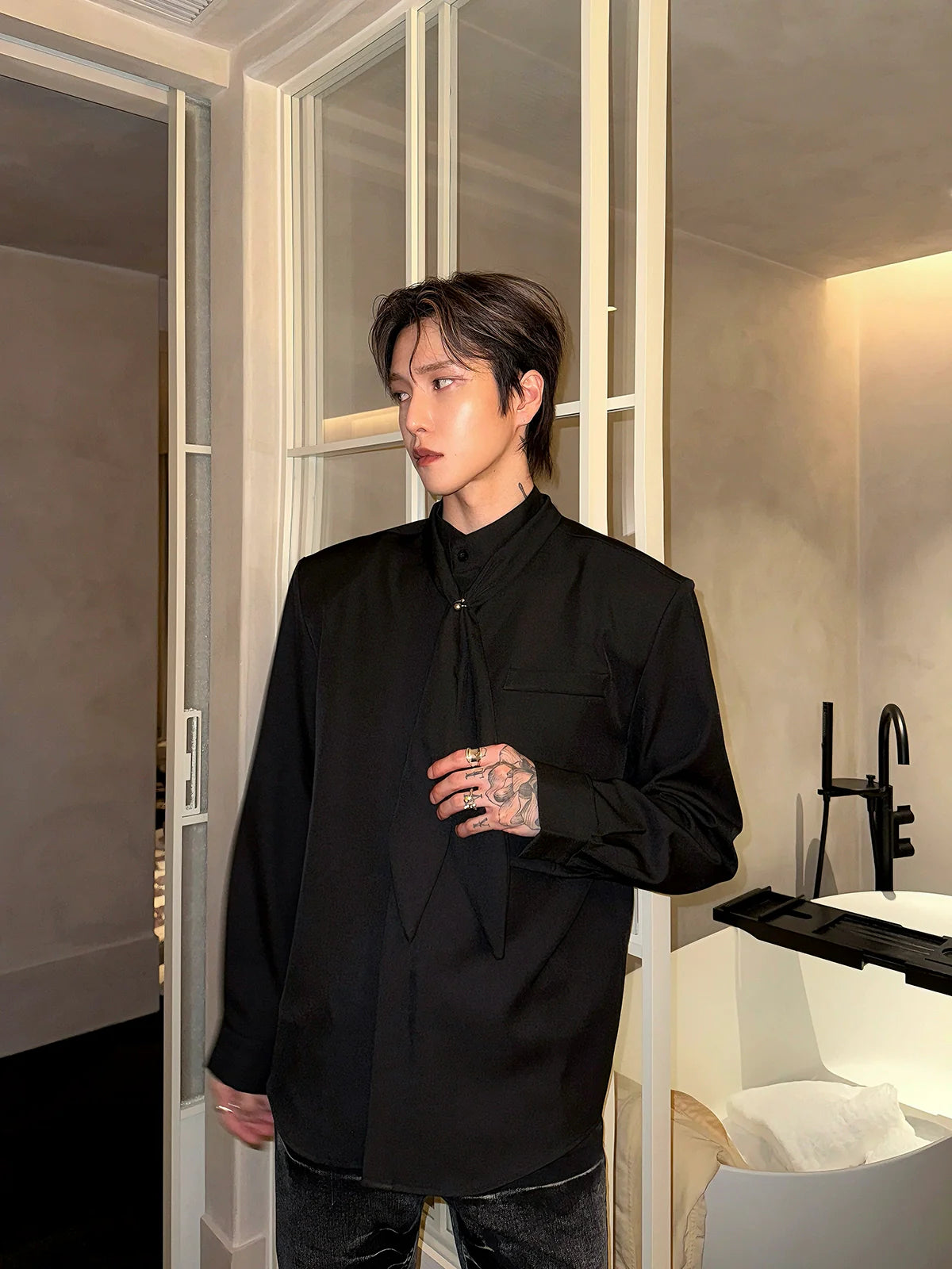 Stand Collar Tie Long Sleeve Shirt