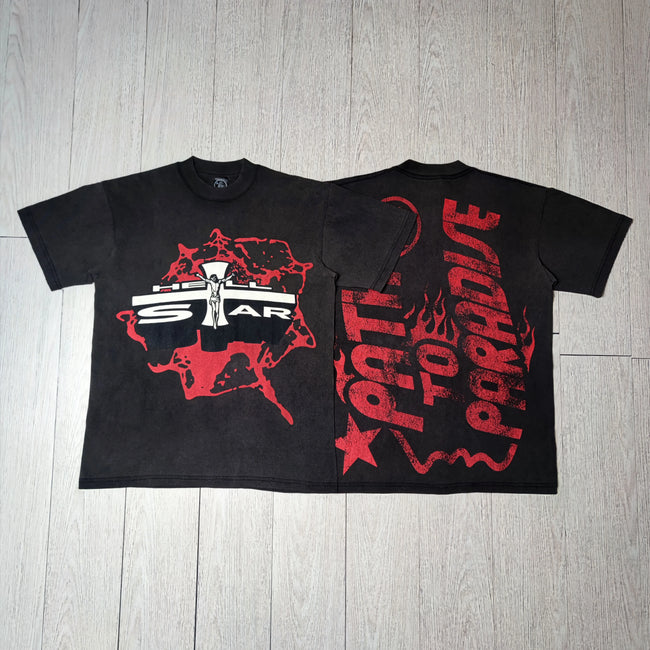 HELLSTAR Path To Paradise Cross Graphic Vintage Washed Short Sleeve Tee Black Streetwear T‑Shirt Hover Image
