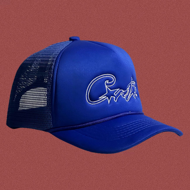 Corteiz Vintage Royal Blue Trucker Hat with White Signature Script and Star Graphic Hover Image