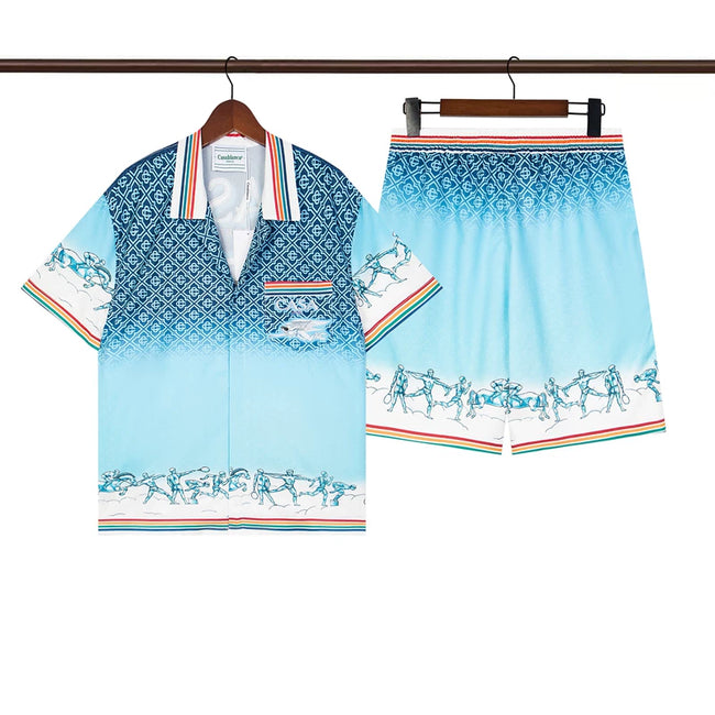 Casablanca Light Blue Gradient Horse Racing Border Print Shirt & Shorts Two Piece Set Hover Image