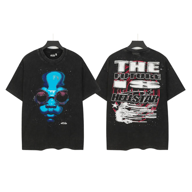 HELLSTAR The Future Alien Baby Portrait Double‑Sided Short Sleeve Tee Black Washed Streetwear T‑Shirt Hover Image