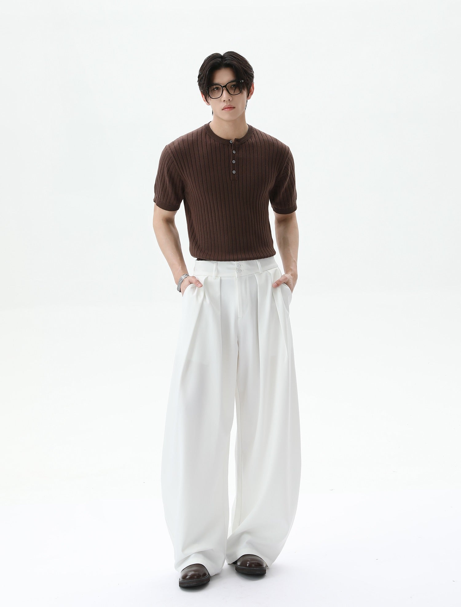 Ribbed Knit Short Sleeve Henley Shirt