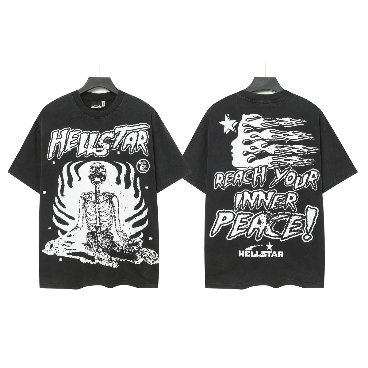 HELLSTAR Meditating Skeleton "Reach Your Inner Peace" Double‑Sided Short Sleeve Tee Black Washed Streetwear T‑Shirt