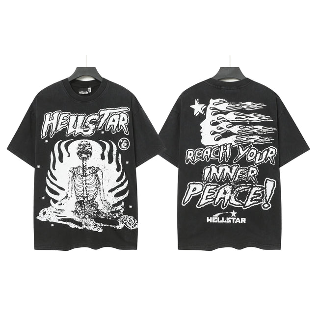 HELLSTAR Meditating Skeleton "Reach Your Inner Peace" Double‑Sided Short Sleeve Tee Black Washed Streetwear T‑Shirt Hover Image