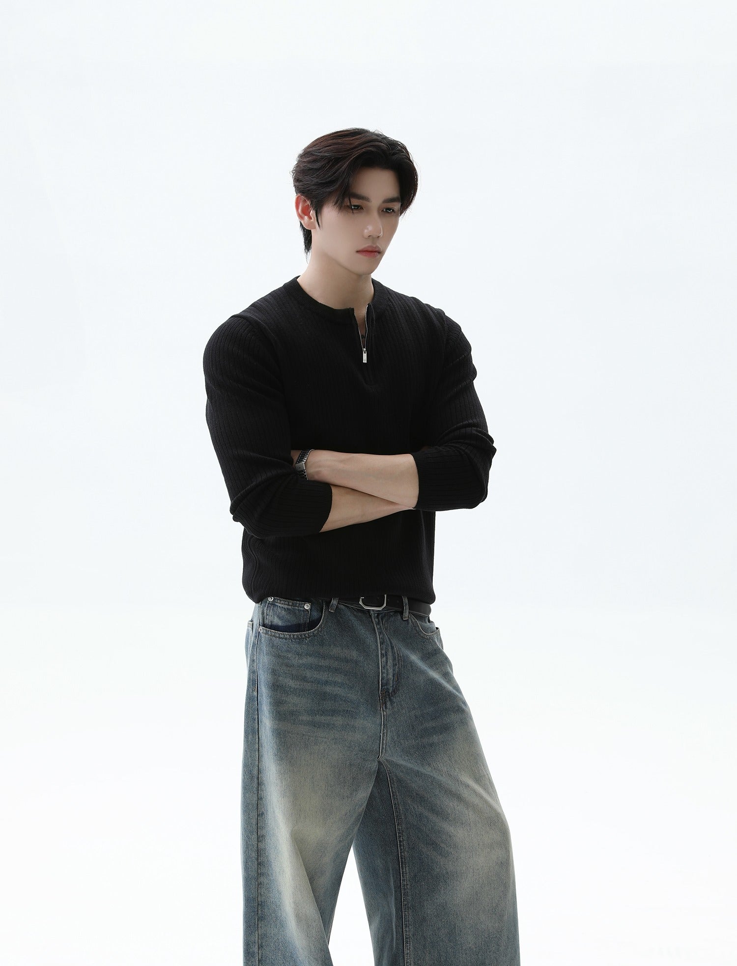 Half-Zip Ribbed Knit Stand Collar Sweater