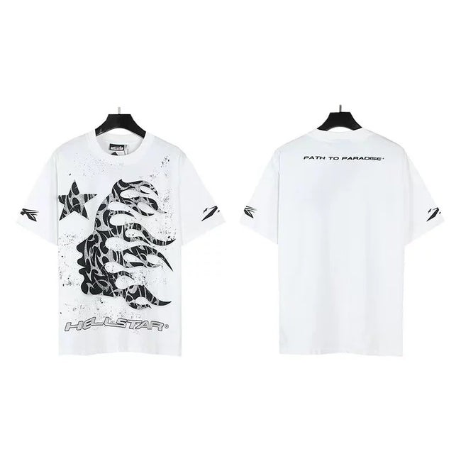 HELLSTAR Path To Paradise Abstract Face Star Double‑Sided Vintage Washed Short Sleeve Tee White Streetwear T‑Shirt Hover Image