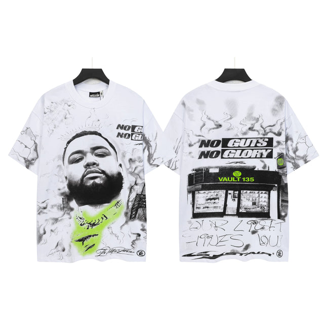 HELLSTAR No Guts No Glory Portrait Double‑Sided Vintage Washed Short Sleeve Tee White Streetwear T‑Shirt Hover Image