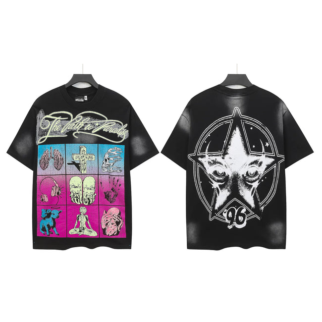 HELLSTAR 96 Pentagram Multi‑Icon Grid Double‑Sided Short Sleeve Tee Black Washed Streetwear T‑Shirt Hover Image