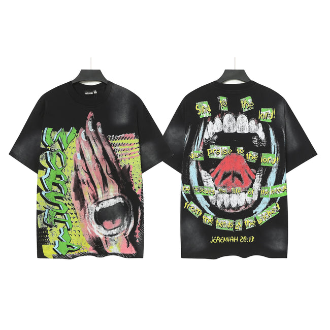 HELLSTAR Multicolor Praying Hands & Mouth Graphic Double‑Sided Short Sleeve Tee Black Streetwear T‑Shirt Hover Image