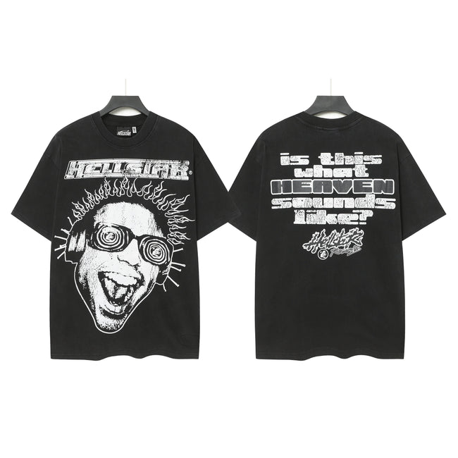 HELLSTAR Hypnotic Spiral Sunglasses Portrait "Is This What Heaven Sounds Like" Double‑Sided Short Sleeve Tee Black Washed Streetwear T‑Shirt Hover Image