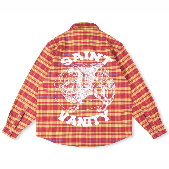Saint Vanity Tiger Graphic Plaid Flannel Shirt - Red/Yellow Hover Image