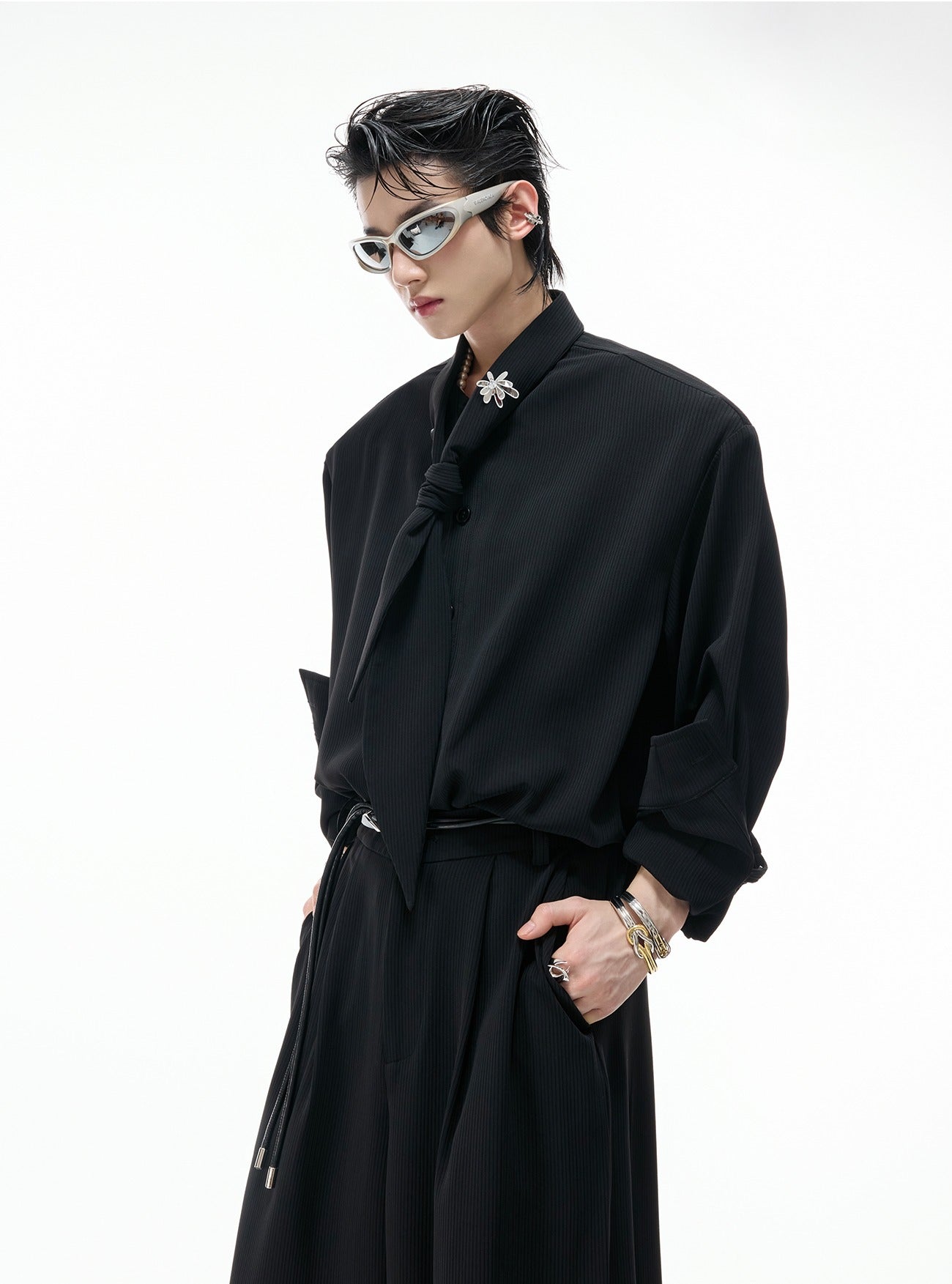 Flowing Scarf Shirt and Wide-Leg Pants