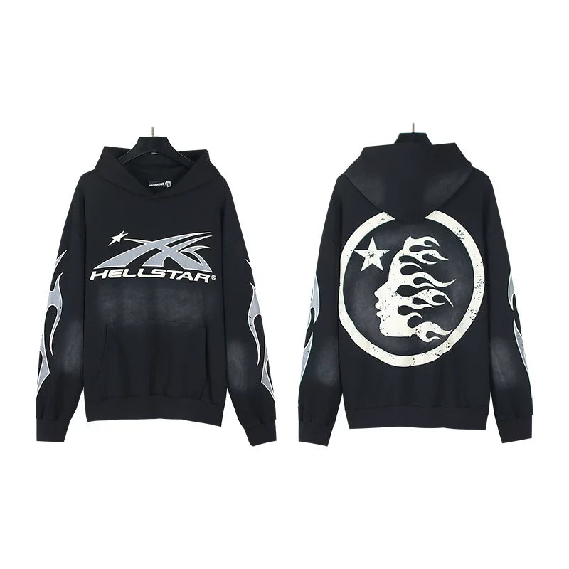 HELLSTAR X‑Shape Logo Circle Flame‑Face Oversized Black Hoodie Streetwear Sweatshirt