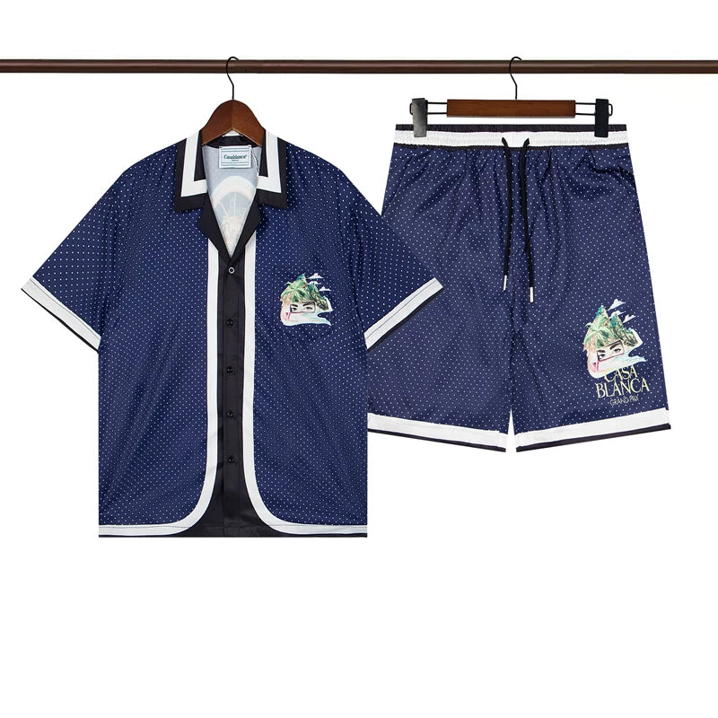 Casablanca Dark Navy Pinstripe Small Print Shirt & Shorts Two Piece Set