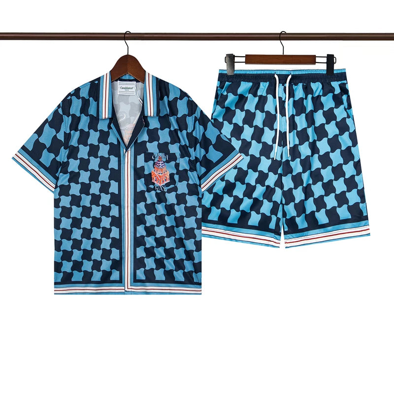 Casablanca Navy Blue Checkerboard Allover Print Shirt & Shorts Two Piece Set