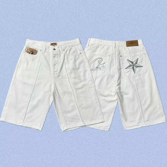 Corteiz Back Star Embroidery Heavyweight Denim Shorts - White Hover Image