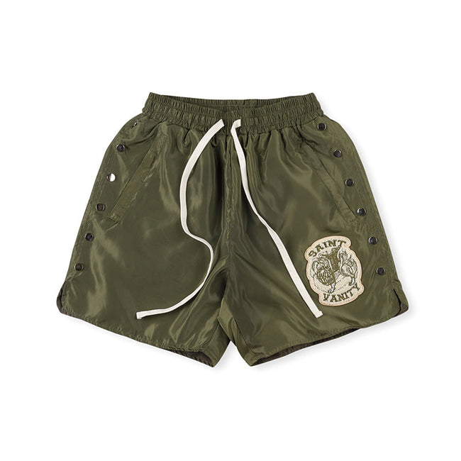 SAINT VANITY Graphic Side-Snap Nylon Shorts - Olive Green Hover Image