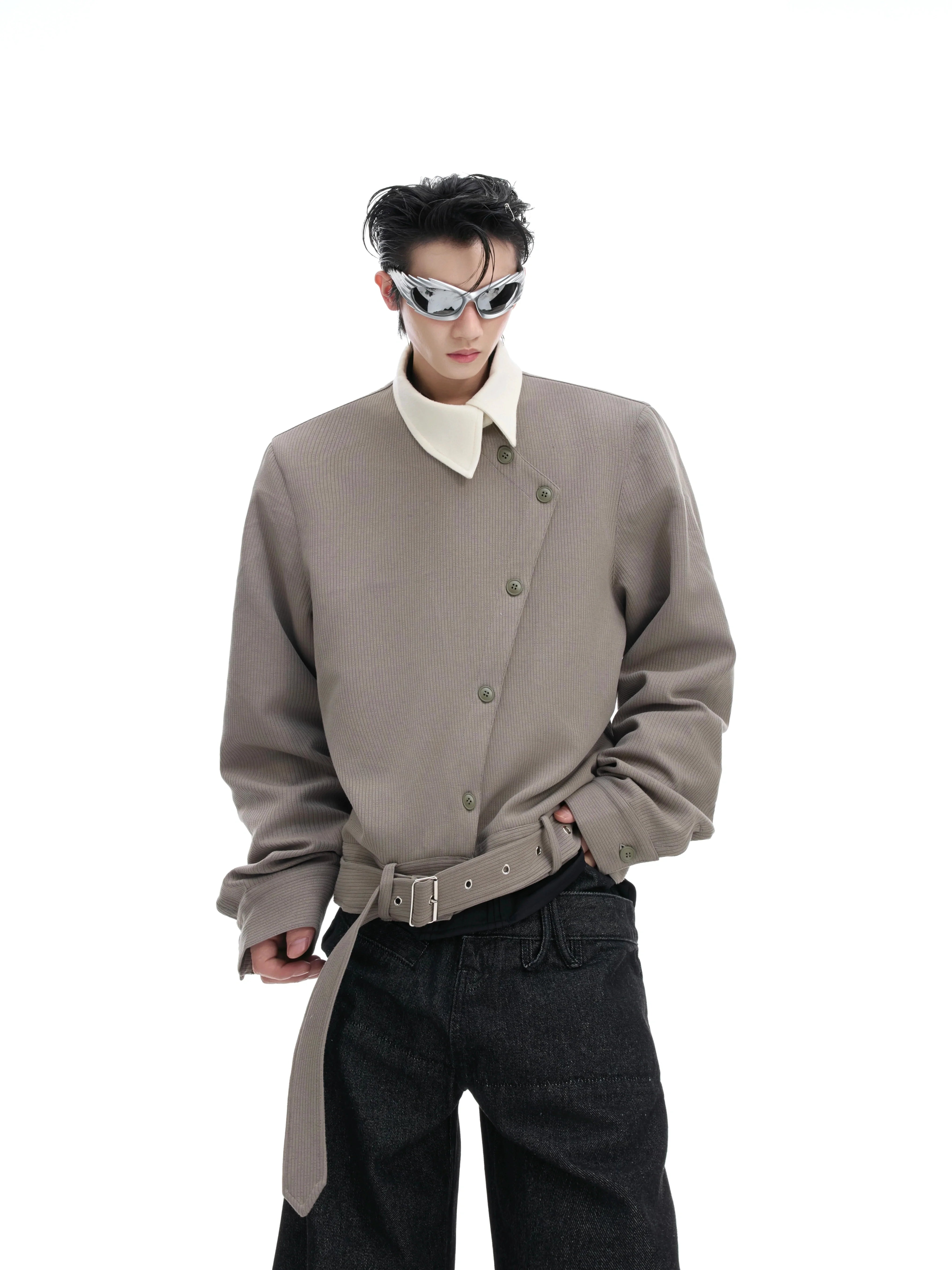 Oblique Button Pointed Collar Belted Shirt