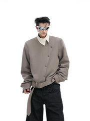 Oblique Button Pointed Collar Belted Shirt