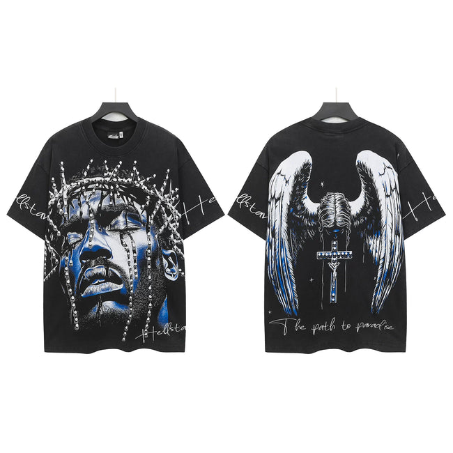 HELLSTAR Crown Of Thorns Angel Wings Cross Double‑Sided Short Sleeve Tee Black Washed Streetwear T‑Shirt Hover Image