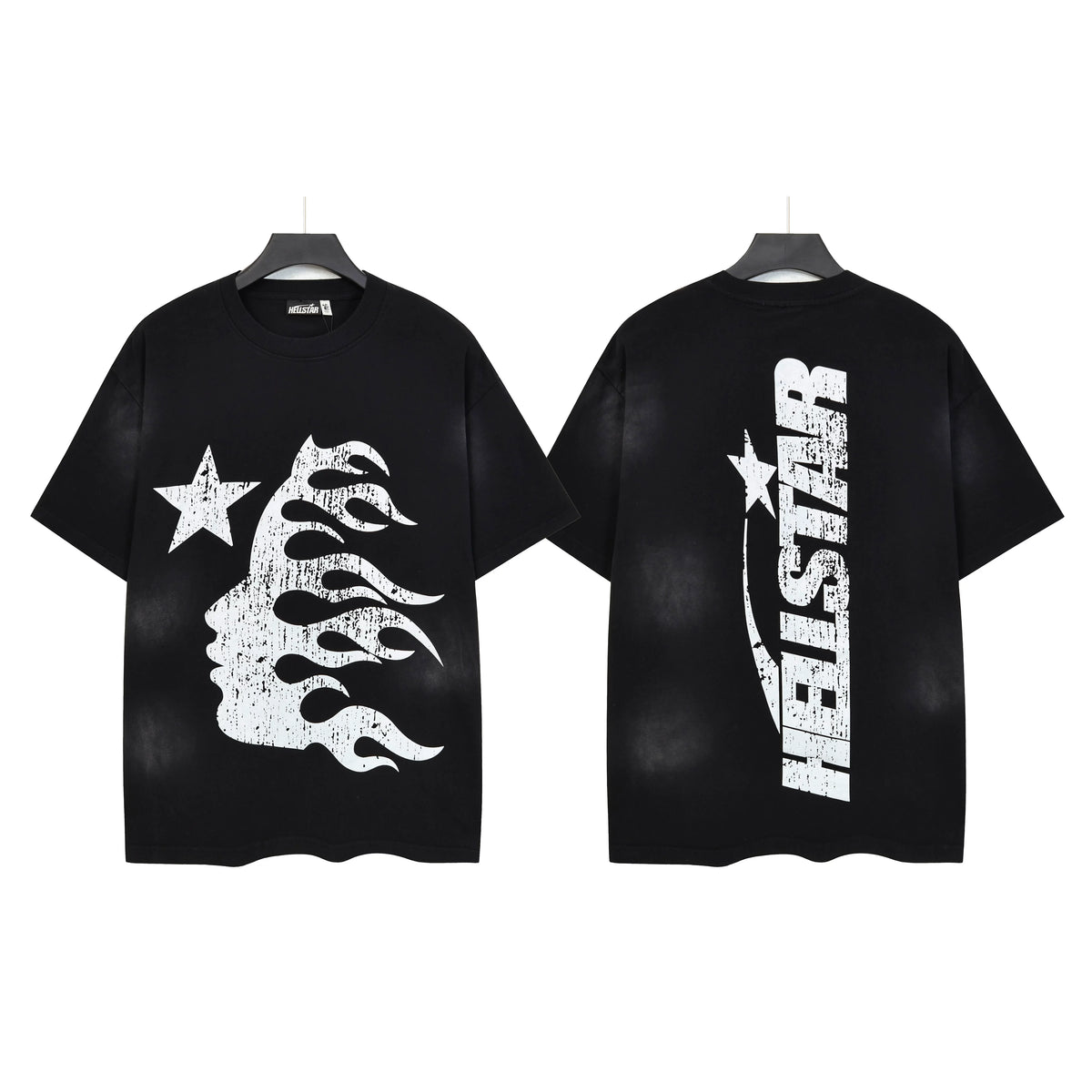 HELLSTAR Distressed Flame Face Star Graphic Oversized T‑Shirt Black Streetwear Tee
