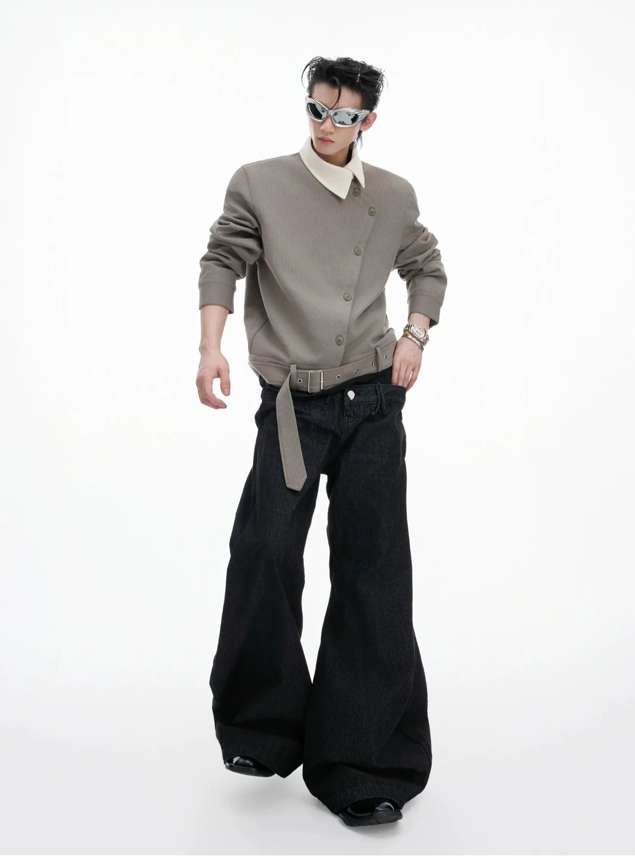 Oblique Button Pointed Collar Belted Shirt