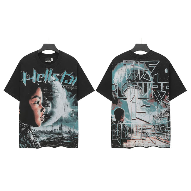 HELLSTAR Cosmic Space Planet Portrait Double‑Sided Short Sleeve Tee Black Washed Streetwear T‑Shirt Hover Image