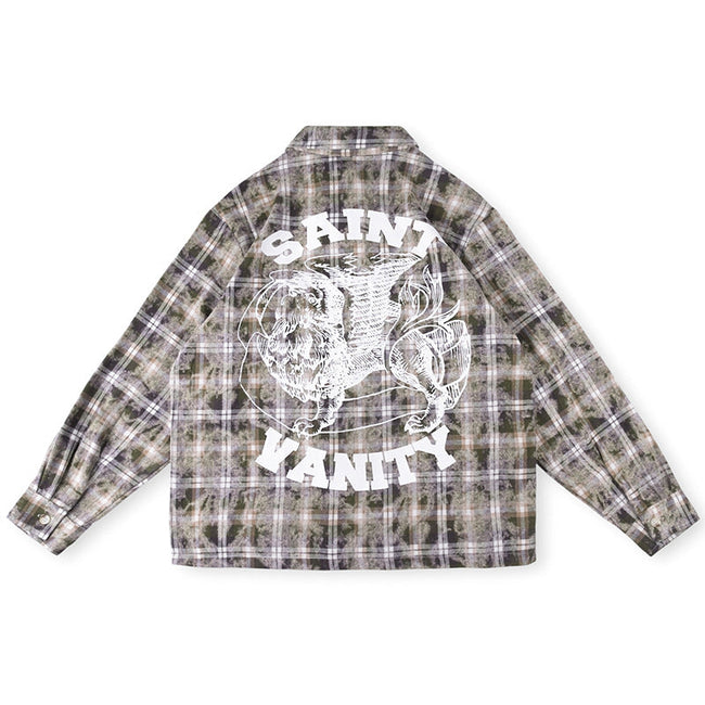 Saint Vanity Tiger Graphic Plaid Flannel Shirt - Grey/Brown Hover Image
