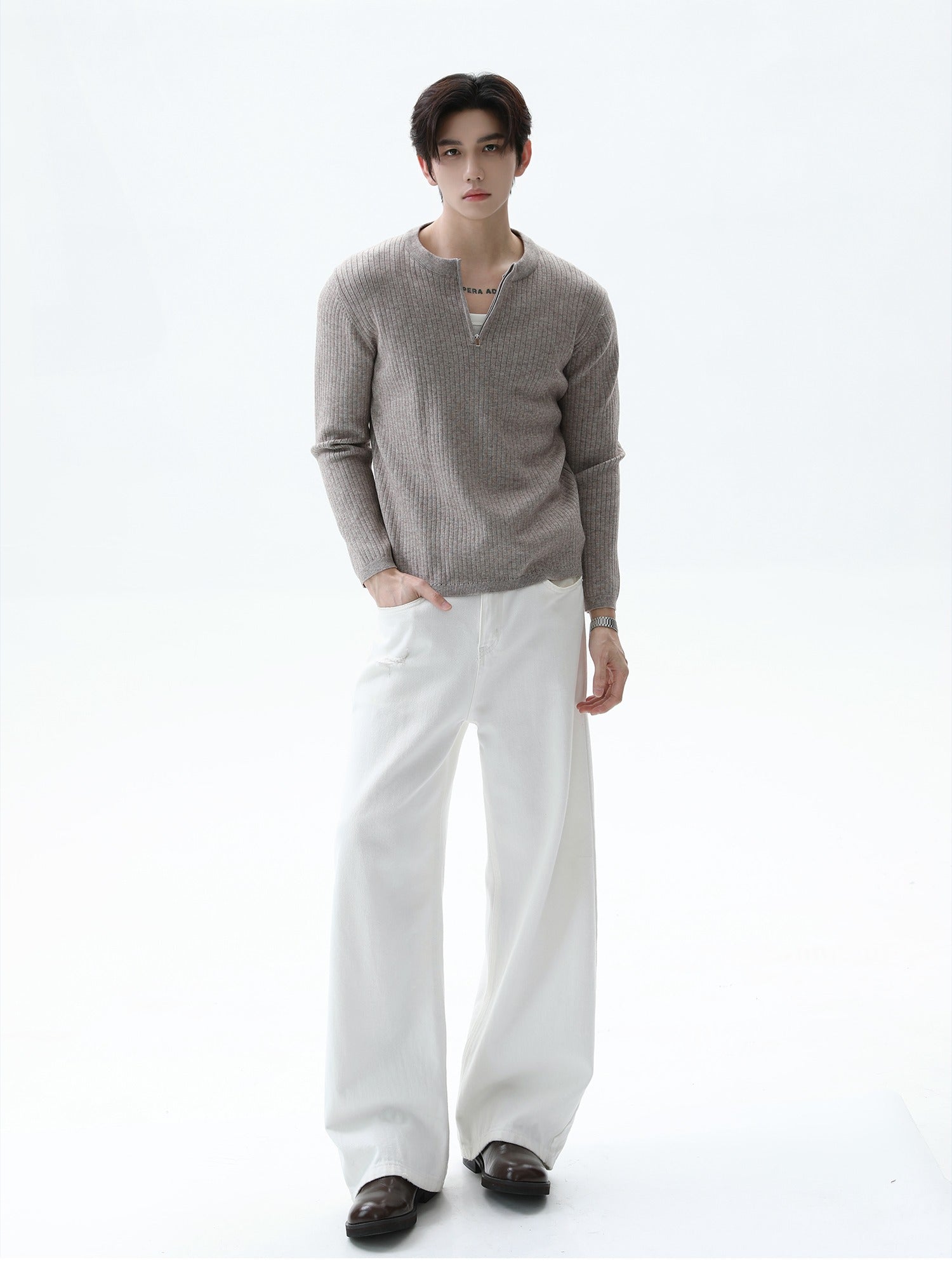 Half-Zip Ribbed Knit Stand Collar Sweater