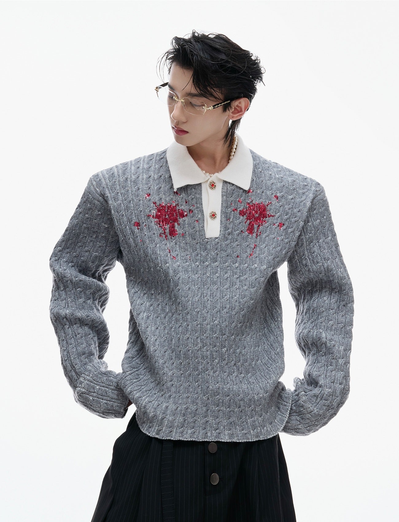 Sequined Lapel Knit Sweater