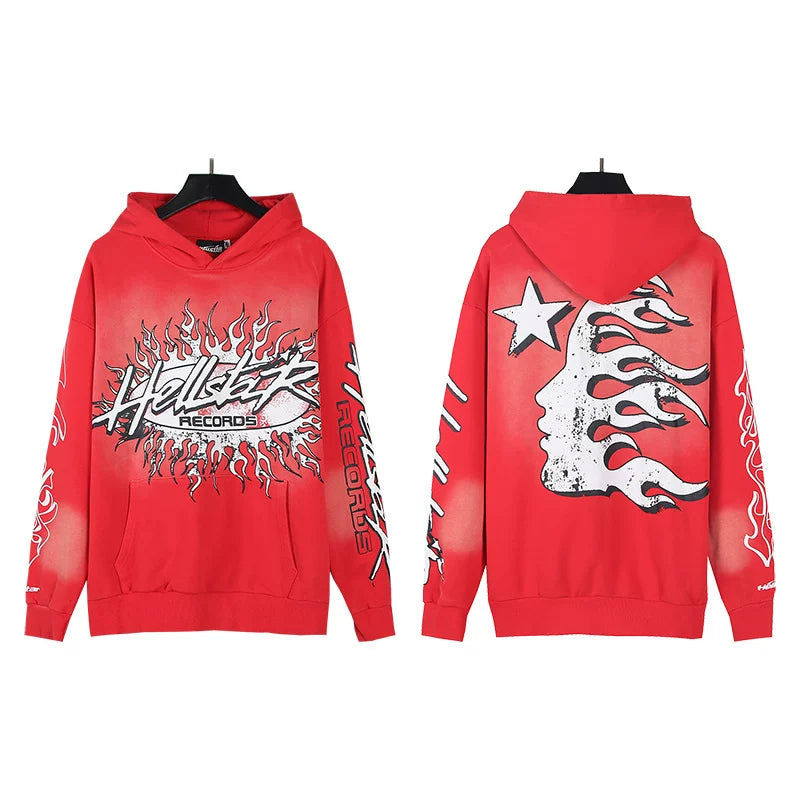 HELLSTAR Lightning Graffiti Bleach‑Wash Red Oversized Hoodie Streetwear Sweatshirt