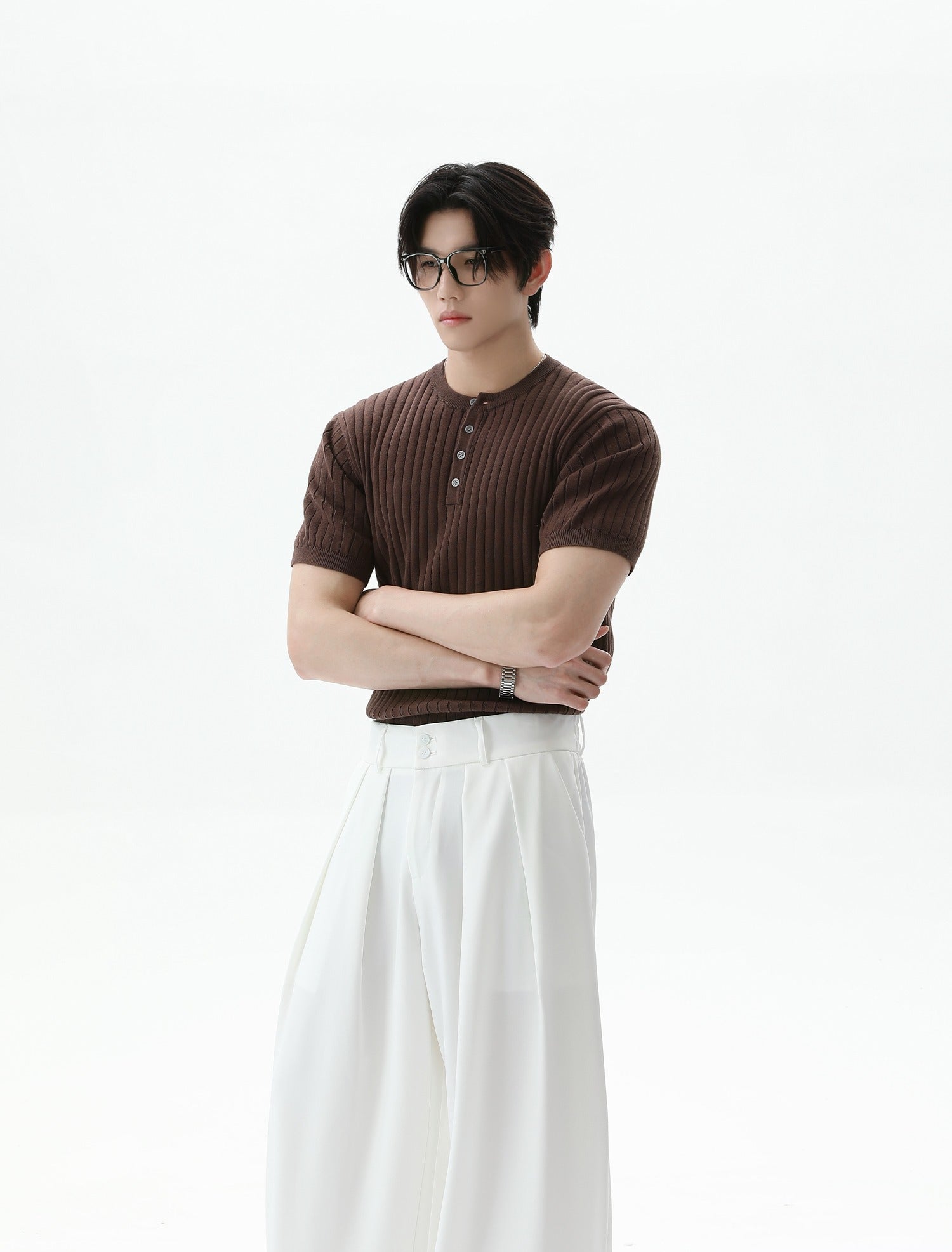 Ribbed Knit Short Sleeve Henley Shirt