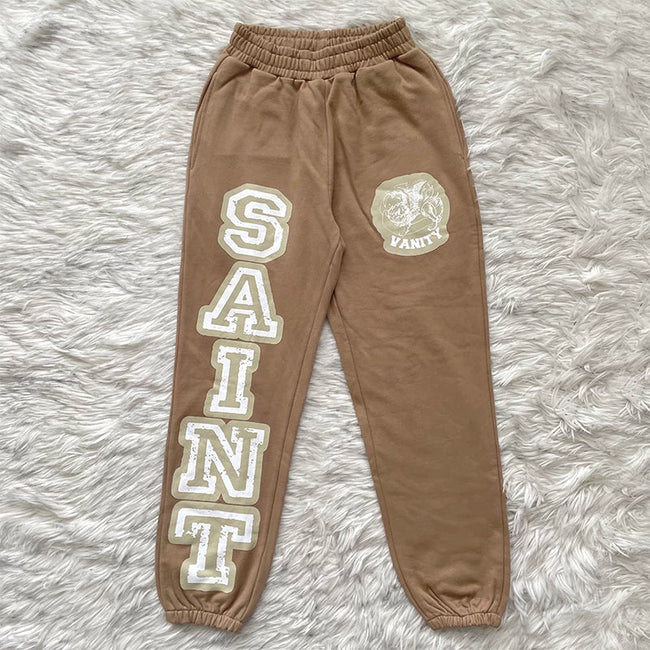 Saint Vanity Varsity Applique Sweatpants - Khaki Brown Hover Image