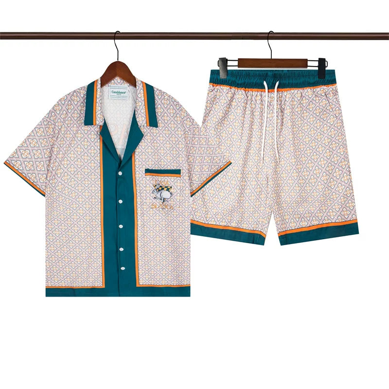 Casablanca Floral Paisley Contrast Trim Vacation Shirt & Shorts Two Piece Set