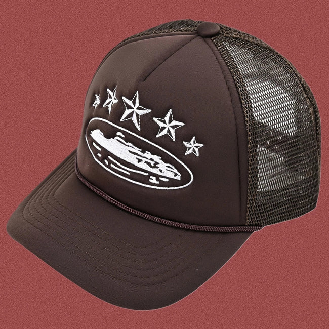 Corteiz Vintage Brown Trucker Hat with White Stars and Cruise Ship Graphic Hover Image
