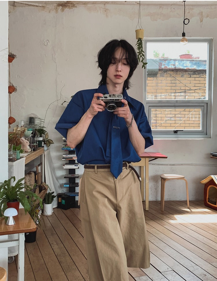 Short Sleeve Loose Fit Shirt with Tie