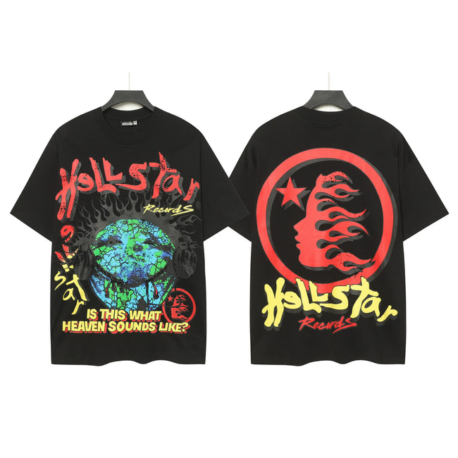 HELLSTAR Records Distressed Globe Graphic Double‑Sided Vintage Washed Short Sleeve Tee Black Streetwear T‑Shirt Hover Image