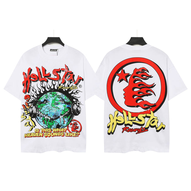 HELLSTAR Records Distressed Globe Graphic Double‑Sided Vintage Washed Short Sleeve Tee White Streetwear T‑Shirt Hover Image