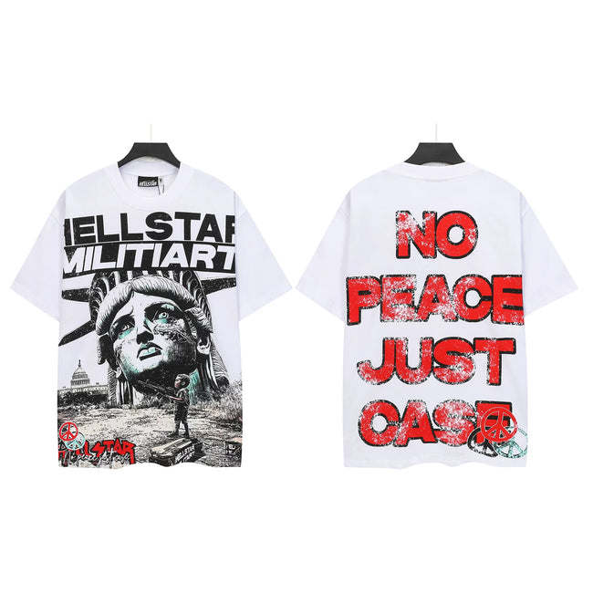 HELLSTAR No Peace Just Case Statue Of Liberty Double‑Sided Vintage Washed Short Sleeve Tee White Streetwear T‑Shirt Hover Image